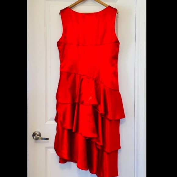 DESIGNER Dress Red Satin Layers Party Cowgirl V Neck Zip NEW Sz L - Picture 2 of 13